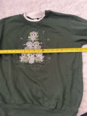 Morning Sun green crewneck sweatshirt winter embroidered owl shirt woman’s M thumbnail 8