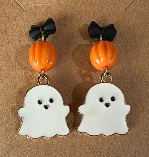 Handmade Cute Halloween Ghost, Pumpkin & Black Bows Dangle Earrings thumbnail 1
