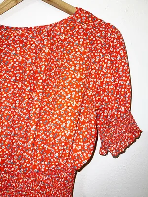 Sienna Sky Bright Orange Floral Smocked Peplum Short Sleeve Blouse thumbnail 9