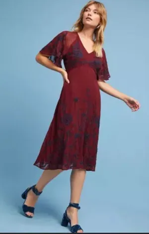 Anthropologie Maeve Francoise Red Floral Embroidered Midi Dress V-Neck 2 thumbnail 1