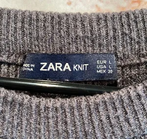 Zara knit crew neck semi cropped sweater pullover grey long sleeve L ribbed thumbnail 4