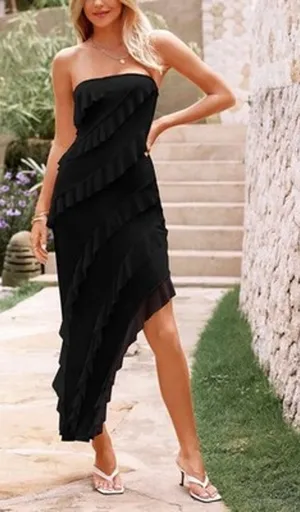 PRETTYGARDEN Strapless Asymmetrical Maxi Dress Ruffle Formal Women's S thumbnail 1