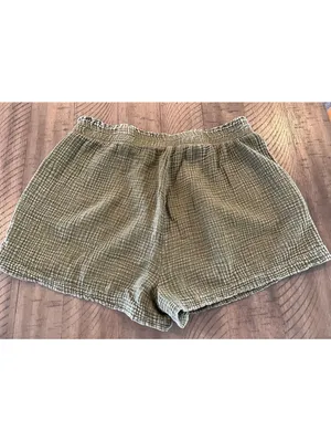 Earthbound Olive Green Double Gauze Boho Loungewear Shorts with Pockets L thumbnail 2