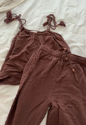 Salty Lemon brown linen pant and top set with tassels size small thumbnail 1
