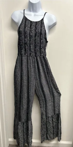 Angie Striped smocked wide leg bell bottom jumpsuit thumbnail 1