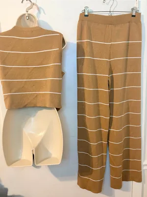 LA DIOSA L Khaki Stripe Knit Vest & Wide Leg Pants Set Gold Buttons NWT thumbnail 8
