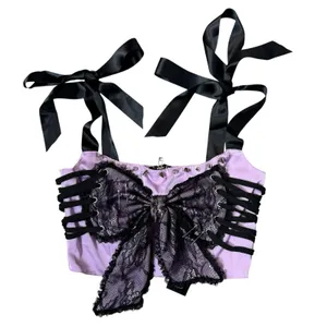 Dolls Kill Bow Lace Up Corset Top Size S Purple Black Ribbon Spikes Safety Pin thumbnail 1