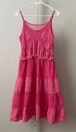 Fairy Cotton Boho Beachy Crochet‎ Eyelet Tiered Midi Dress Pink thumbnail 1
