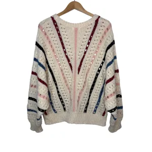 Vestique Sweater Womens Large Cream Multi Stripe Pointelle Knit Oversized Boho‎ thumbnail 4