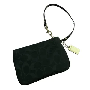 Coach Signature Jacquard Wristlet Black Canvas Patent Leather Trim Small Bag thumbnail 2