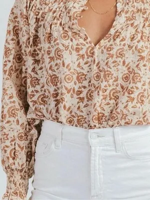 Cleobella Reza Blouse Peasant Tamil Block Print Floral Cotton Boho Brown Ivory thumbnail 7