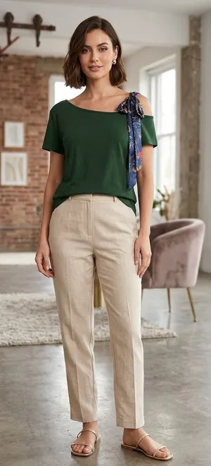 SHEIN Green Off-Shoulder Short Sleeve Top with Navy Tie Accent thumbnail 1
