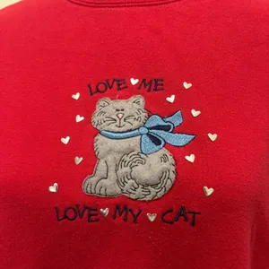 MC Sportswear Vintage 90s Collared Sweatshirt Red Love Me Love My Cat Size Large thumbnail 2