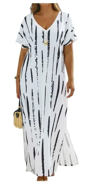 Noracora Abstract Stripe Maxi Dress Medium V-Neck Side Slit Black White‎ NWT thumbnail 1