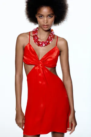 Zara Red Sleeveless Silk Satin-Effect Cutout Cross Back Knot Slip Mini Dress S thumbnail 1