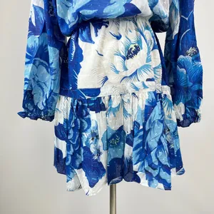 NWOT Cotton Blue Floral V Neck Mini Dress Size L thumbnail 7