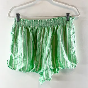 Aerie Linen Blend Striped Pull On Smocked High Waisted Shorts Celebrity Green L thumbnail 4