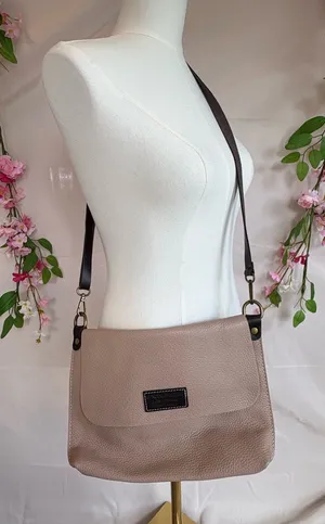 Pebbled Taupe Crossbody Bag with Dark Brown Strap thumbnail 1