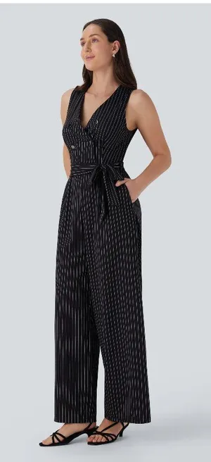 Halara V Neck Belted Stripe InstantCool Jumpsuit Pockets-Easy Peezy Black M thumbnail 1