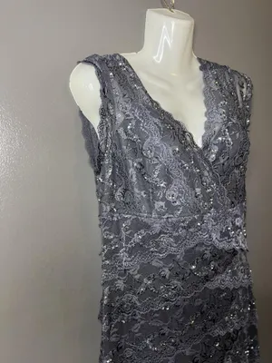 Blu Sage Dress Womens 10 Gray Lace Beaded V Neck Sheath Knee Length Party Formal thumbnail 3
