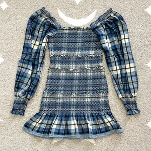 LoveShackFancy Stanley Blue Plaid Smocked Mini Dress Medium thumbnail 13