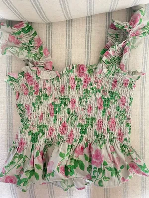 Hill House The Paz Nap 100% Linen Smocked Ruffle Tank Top Top Size Small thumbnail 3