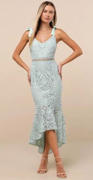 LULU’S Won Your Heart Sage Green Lace Tie-Strap High-Low Midi Dress thumbnail 1