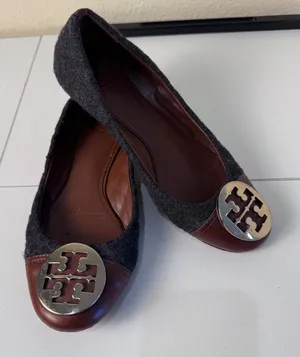 Tory Burch Reva Ballet Flats Womens 9 Quilted Wool Leather Logo Medallion thumbnail 1