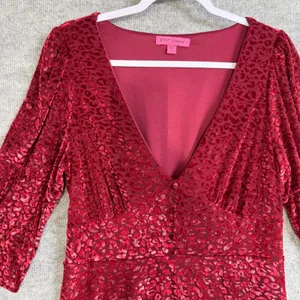 Betsey Johnson Size-XL Midi Dress Burgundy Red Velvet Leopard Print thumbnail 6