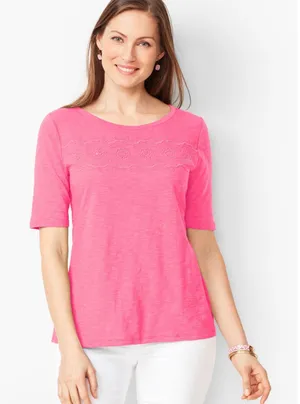 Talbots Floral Embroidered Pink Slub Cotton‎ Tee Size XL Preppy Stretch Colorful thumbnail 1