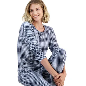NEW Charter Club Printed Long Sleeve Pajama Sleep Top Gingham Check Blue XS thumbnail 8