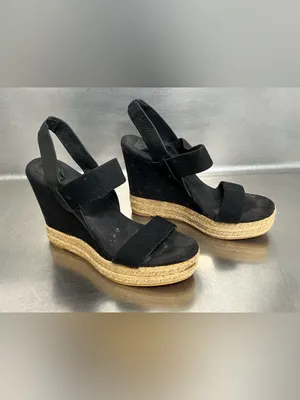 TORY BURCH Wedge Espadrille 2 Band Canvas & Leather Black Sandal- Size 7.5 - GUC thumbnail 4