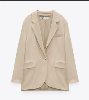 ZARA NEW Women's Size Beige One-Buttoned Long Sleeve Oversized Blazer Jacket Tan thumbnail 7