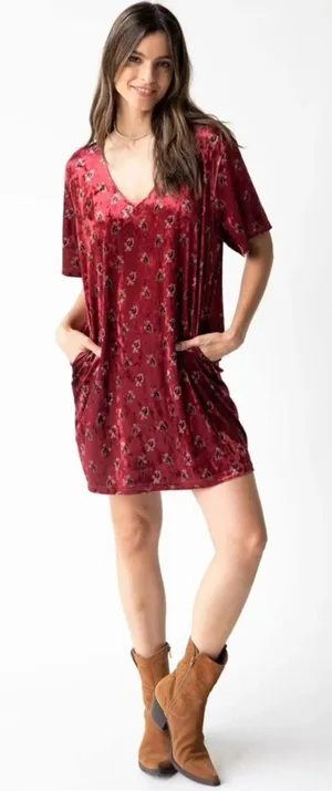Natural Life Claire Velvet floral Mini Dress V-Neck Cranberry Floral‎ Sz L thumbnail 1