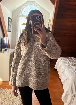 Altar'd State Brown Fleece Cream Sherpa Pullover Oversized 1/4 Zip thumbnail 1