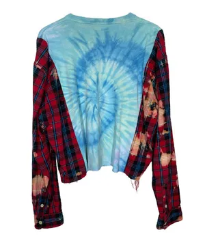 Custom Rework Beatles Bleached Plaid Flannel Sleeve Top M/L Oversized Cropped thumbnail 2