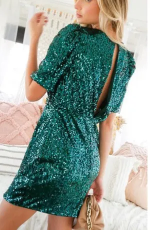 VICI TYRA SEQUIN PUFF SLEEVE CUTOUT BACK MINI DRESS - Emerald Green thumbnail 2