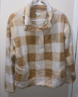 dip Tan and Cream Plaid Teddy Jacket size L thumbnail 1