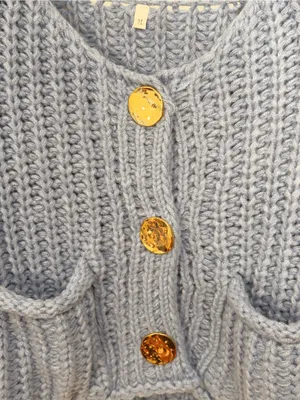 Miss Sparkling Blue Chunky Knit Cropped Cardigan Gold Button Pocket Sweater thumbnail 3