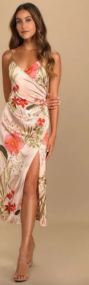 NEW Lulus Remarkable Entrance Pink Floral Print Satin Midi Dress Size S Party thumbnail 1