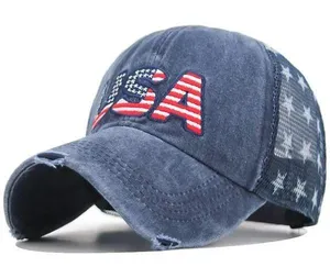 Blue USA American Flag Trucker Cap - Washed Distressed Embroidery - Adjustable thumbnail 1