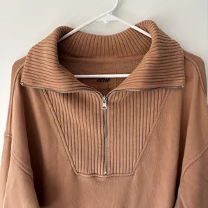 Aerie Brown Down To Earth Quarter Zip Pullover Sweatshirt Oversized Ribbed thumbnail 3