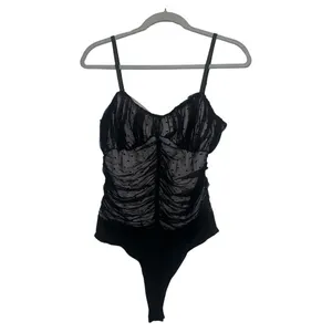 Lulu’s polka dot smocked mesh ruffled black Y2K bodysuit size L‎ thumbnail 4