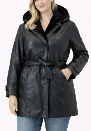 Vintage Leather black hooded faux fur lined trench jacket M thumbnail 1