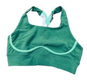 Green sports bra cross back strappy contrast sz S yoga pilates stretch thumbnail 1