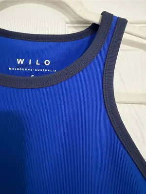 WILO Blue Ribbed Cropped Tank with navy Trim‎ size small Australia activewear thumbnail 4
