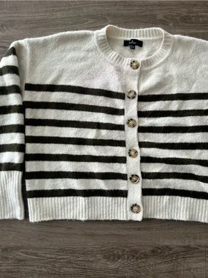 Lulus Knit Cardigan Womens Medium Ivory Olive Striped Fuzzy Wool Blend Cropped thumbnail 4
