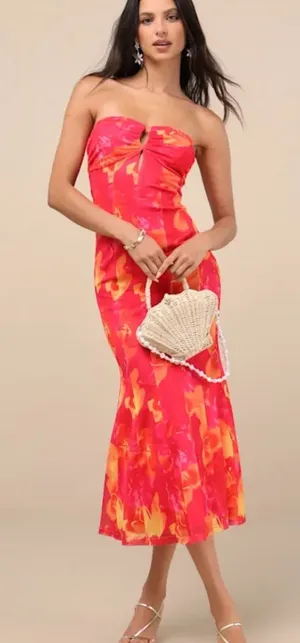 Lulu's Pink & Orange Floral Strapless Twist-Bust Midi Dress thumbnail 1