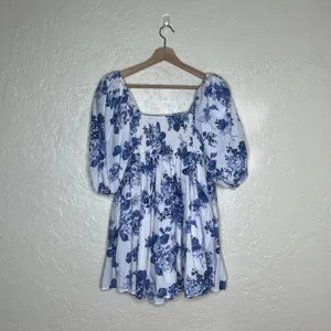 Abercrombie Emerson Poplin Puff Sleeve Mini Dress Floral Blue White Small‎ thumbnail 3