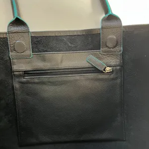 Black Deertan‎ Cowhide Leather Tote Bag Teal Trim Classic Minimalist Purse thumbnail 4